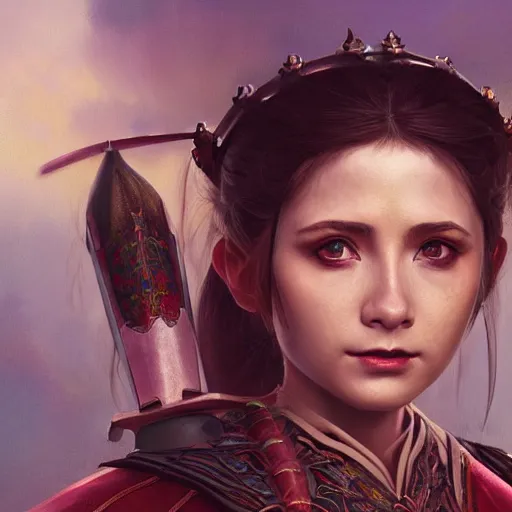 Image similar to a highly detailed portrait of buffy the vampire slayer as a medieval chinese warrior, beautiful detail and color, art by john collier and albert aublet and krenz cushart and artem demura and alphonse mucha, volumetric lighting, octane render, 4 k resolution, trending on artstation, masterpiece