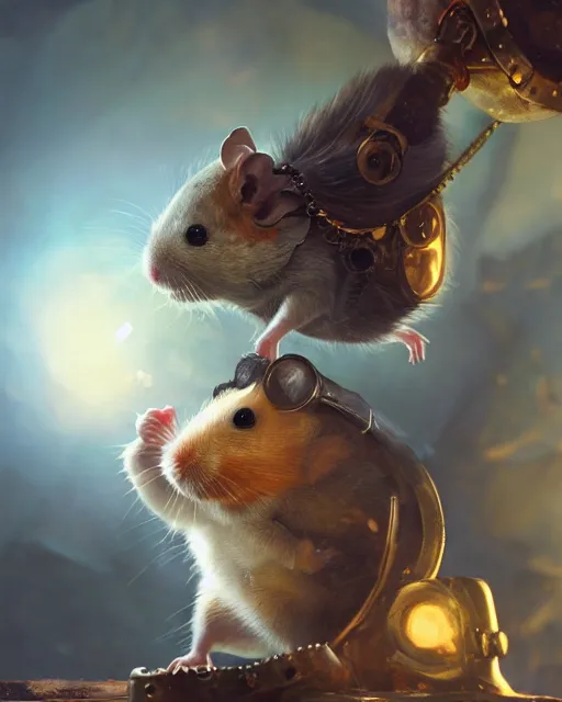 Image similar to oil painting of anthropomorphized hamster holding shiny gem, steampunk clothes, close shot, full body, dark steampunk mine shaft background, sharp focus, fantasy style, octane render, volumetric lighting, 8k high definition, by greg rutkowski, highly detailed, trending on art Station, dungeons and dragons artwork, centered