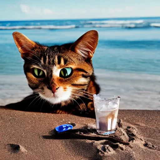 Image similar to photo of an anthropomorphic cat chilling out on the beach and sipping a martini