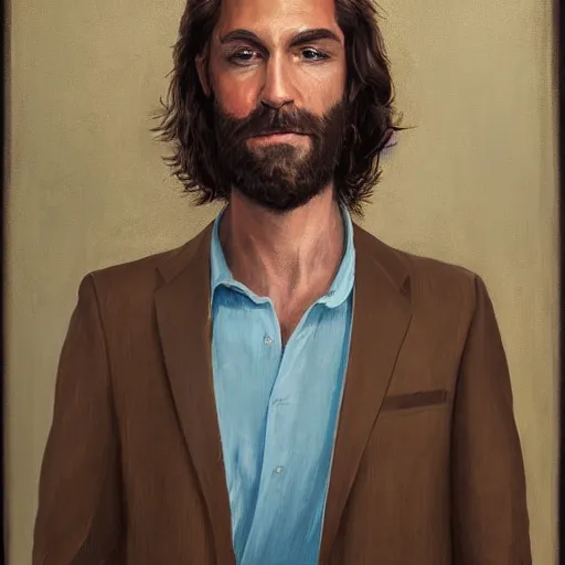 Prompt: portrait of a handsome man of 3 9 years old, green eyes, light brown, good looking, wide round nose, mid long hair by david rutkowski, by artgem