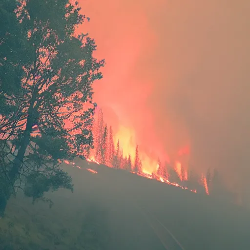 Prompt: a beautiful hill with a forest fire, smoky, red lighting, vintage photo