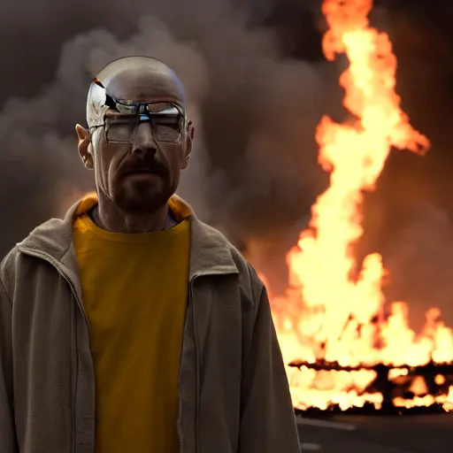 Image similar to a photo of walter white standing in front of a building on fire, highly detailed, 4 k