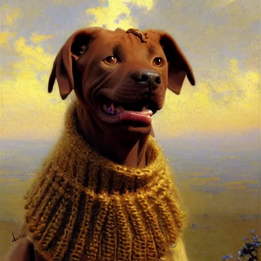 Image similar to a portrait of an anthromorphic pitbull female wearing a sweater and smiling at the viewer. highly detailed painting by gaston bussiere, craig mullins, j. c. leyendecker 8 k