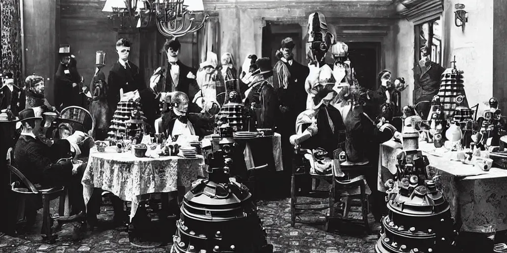 Prompt: Daleks attending a Victorian era tea party.