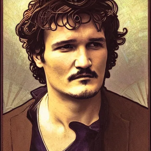 Image similar to pedro pascal portrait by louis - theophile hingre and alphonse mucha, realistic, sharp focus, zodiac signs, tarot cards, planets, ethereal, art nouveau, magic, moon, sun, crown, dreamy, royal, jewellery