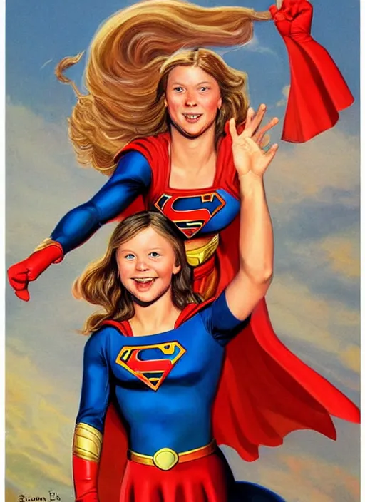 Image similar to greta thunberg as supergirl, artwork by earl norem, detailed digital art, trending on Artstation