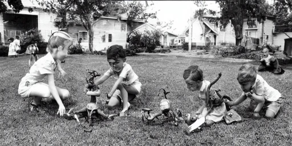 Prompt: kids playing with alien toy in their front yard, 1 9 5 0 s picture