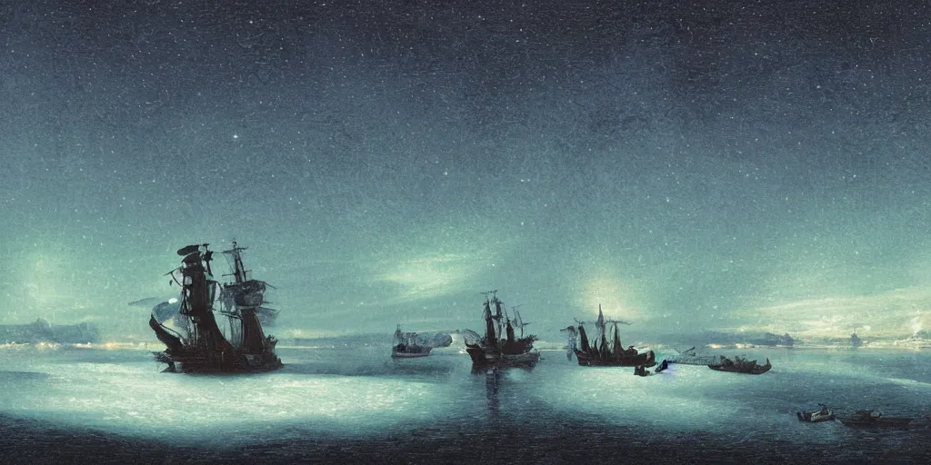 Prompt: digital painting of a 18th century ship stuck in ice on a cold sea at night. Sharp focus. Northern lights. Cinematic composition. Highly detailed. Low light, high contrast. Starry sky.