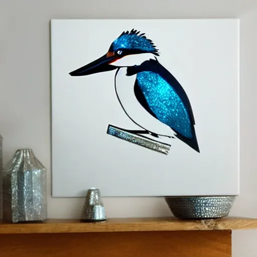 Prompt: wall art of a real life kingfisher made out of reflective crystal and very reflective polished metal, in the background is a forest, product photography