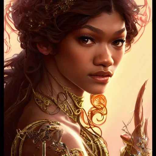 Prompt: Zendaya as a fantasy princess, D&D, fantasy, intricate, elegant, highly detailed, digital painting, artstation, concept art, matte, sharp focus, illustration, art by Artgerm and Greg Rutkowski and Alphonse Mucha