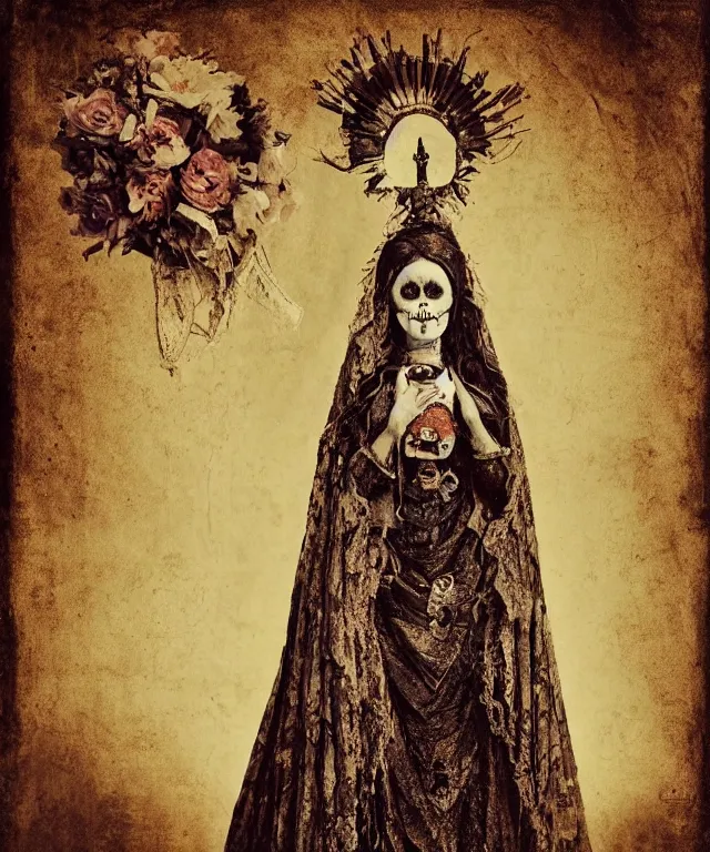 Image similar to tintype virgin mary in dia de muertos dress and make up, horrific beautiful vibe, evocative, atmospheric lighting, painted, intricate, highly detailed, leesha hannigan, wayne haag, reyna rochin, ignacio fernandez rios, mark ryden, iris van herpen, artstation, cgsociety, stunning, gorgeous, sharp focus, cinematic, masterpiece