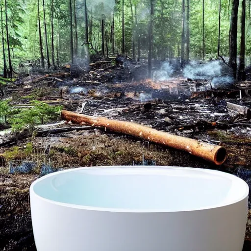 Image similar to pristine porcelain bath filled with bubbles in a clearcut rainforest, slash and burn, cleared forest, deforestation, bubble bath, overflowing with bubbles, tree stumps, smouldering charred timber