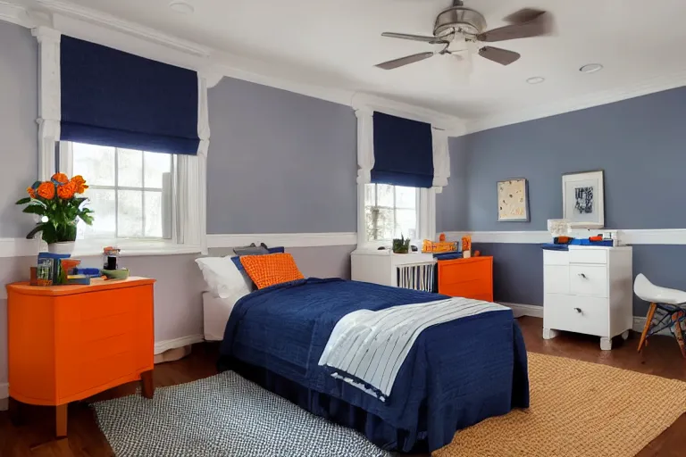 Prompt: a 10 by 11 foot old bed room with blue grey criss cross patterned walls, white ceiling, navy blue carpet, a small bed, desk, two wooden wardrobes, an old TV, and a ceiling fan gives off a dim orange light at night time