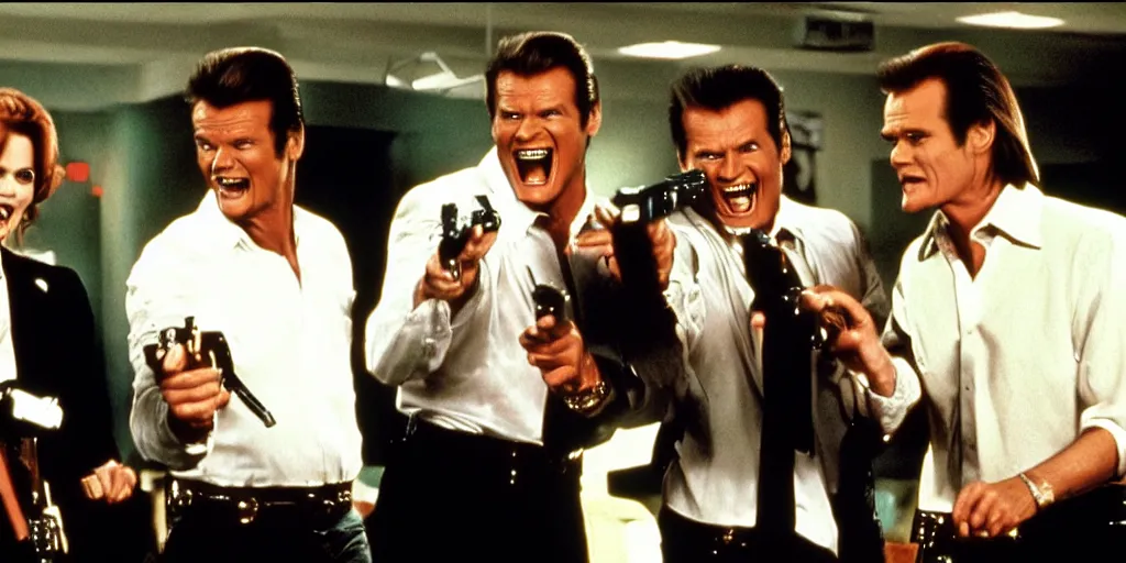 Prompt: still frame of Geena Davis, Roger Moore and Jim Carrey in Pulp Fiction laughing hysterically at a tiny gun