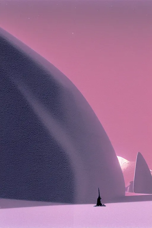 Image similar to emissary space by arthur haas and bruce pennington and john schoenherr, cinematic matte painting, minimal modern, zaha hadid building in the mountains with snow, dark monochrome color palate, pink sunset,