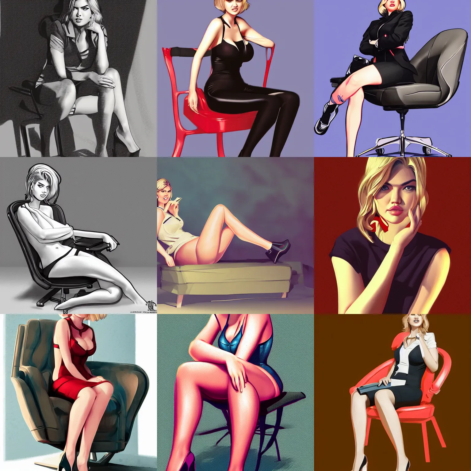 Prompt: kate upton sitting in a chair. high definition digital art, drawn in the style of Ross tran and ilya kuvshinov, drawn by the best artist