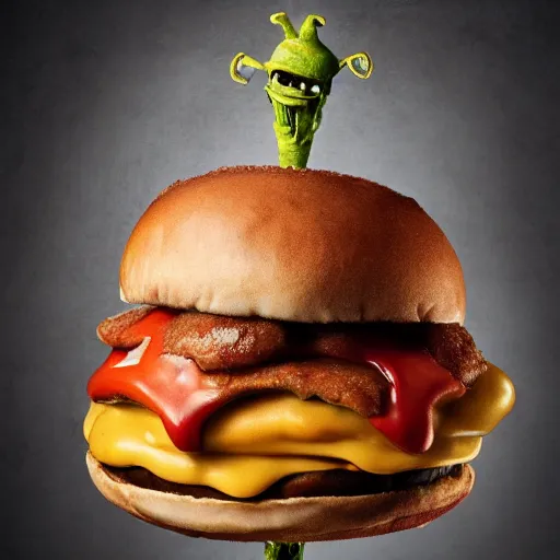 Image similar to a humanoid bipedal upright zombie that strongly resembles a hamburger, professional food photography