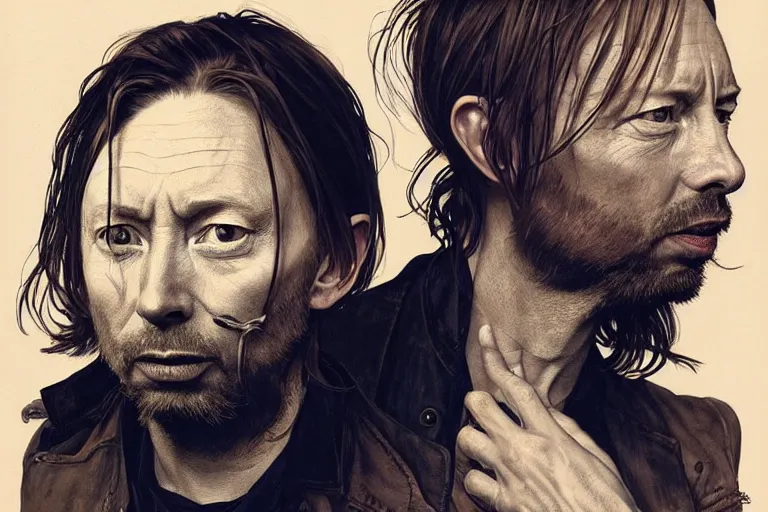 Prompt: hyper realistic portrait of wider faced thom yorke, bigger nose, bigger forehead, bigger chin, on a stage, by lee bermejo, alphonse mucha and greg rutkowski