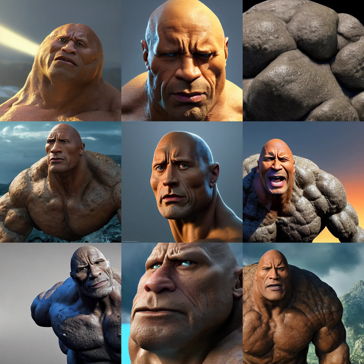 Prompt: dwayne johnson is a boulder rock made of stone, the thing for fantastic 4, octane render, 8 k cinematic still, highly detailed, sculpted in zbrush, textured in substance, featured on artstation