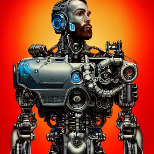 Image similar to ultra realist intricate detailed pin - up painting of a single rugged cyborg male, bearded face and cyborg tech on body and legs, symmetry accurate features, cyberpunk, industrial, apocalyptic, very intricate details, focus, high resolution, 8 k resolution, dramatic lighting, artstyle vincent di fate and alex ries, award winning