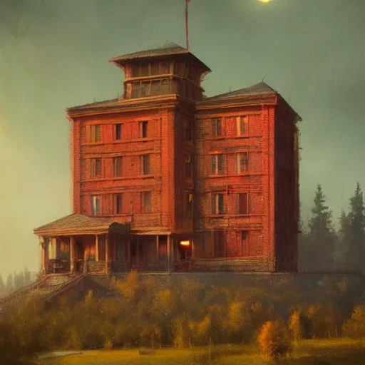 Prompt: a beautiful picture of the red lodge by Greg Rutkowski and David Lynch, trending on Artstation