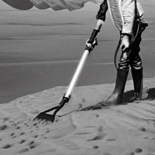 Image similar to anakin skywalker vacuuming the sand in tatooine