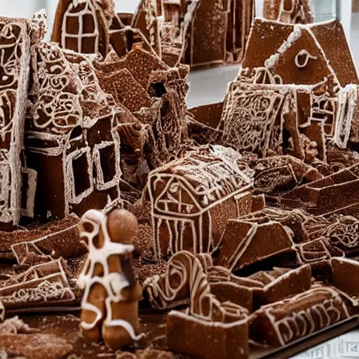 Prompt: dilapidated ruined city made of gingerbread, wreckage of a gingerbread cityscape, dramatic, award - winning photography