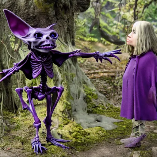 Prompt: purple cloaked gremlin skeleton casting a spell, still from tv show the dark crystal age of resistance ( 2 0 1 9 )