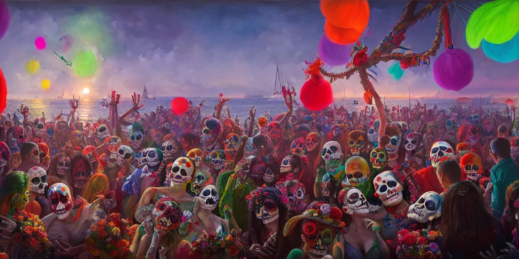 Prompt: scene from a yacht party, celebrating day of the dead, vibrant colours, beautiful, realistic, digital art, winning award masterpiece, trending on artstation, painting by otto dix and greg rutkowski, 8 k