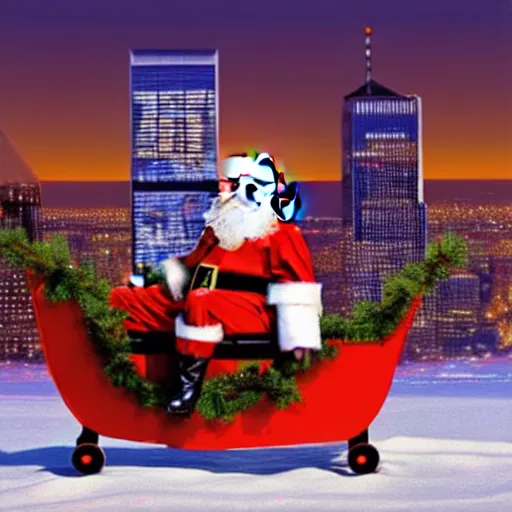 Image similar to santa claus in a sleigh with reindeers in front of world trade center's 5 0 th floor with a beautiful sunset in the background