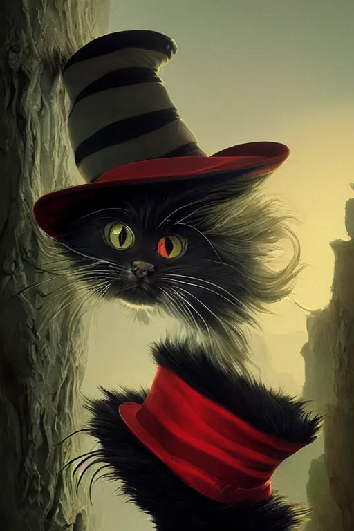 Image similar to complex 3 d render, hyper detailed, ultra sharp, of the cat in the hat, scary, cinematic, natural soft light, rim light, art by greg rutkowski and artgerm and caravaggio, dr seuss