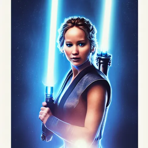 Image similar to jennifer lawrence as a jedi holding up a blue lightsaber, very dark background, official new star wars episode xi movie poster from lucas arts, perfect symmetrical face, full moon, moody lighting, 8 k, shallow depth of field, intricate detail,