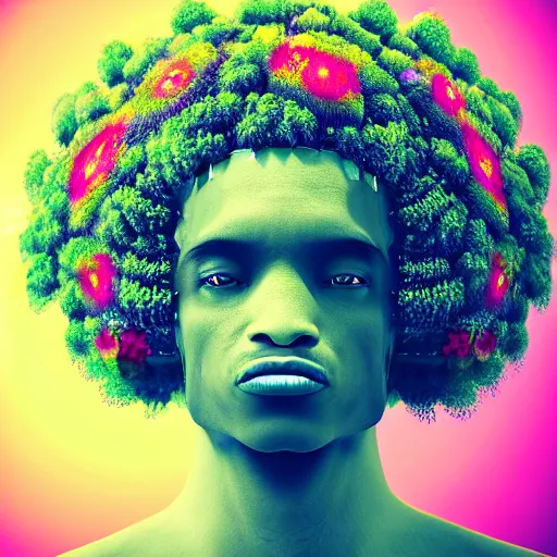 Image similar to an african marijuanna! shaman with an afro made of flowers, third eye art art by machina infinitum, complexity from simplicity, rendered in octane, mandelbulb 3 d, ambient occlusion, radiant lighting, macro photography, felt!!! texture, tribal, pastel! retrowave