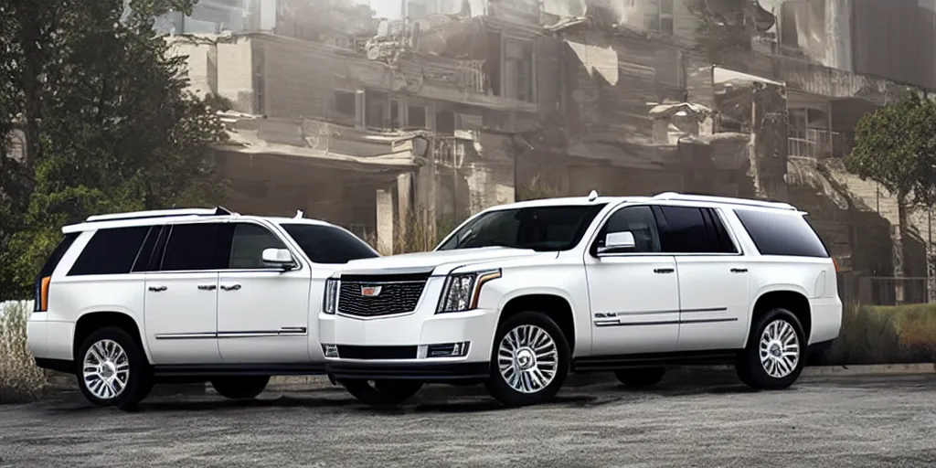 Prompt: A photo of a white SUV based on a Cadillac Escalade and Chevrolet Tahoe, crane shot