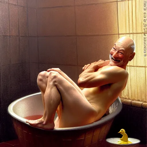 Prompt: fully clothed patrick stewart in a bathtub with a rubber duck, highly detailed painting by gaston bussiere, j. c. leyendecker, greg rutkowski, craig mullins 8 k