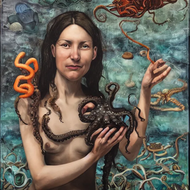 Prompt: a dark portrait of female art student holding an octopus, jellyfish, shipwreck, berries, trash, starfish, coral, rocks, intertidal zone, empty pet bottles, scientific glassware, neo - expressionism, surrealism, acrylic and spray paint and oilstick on canvas