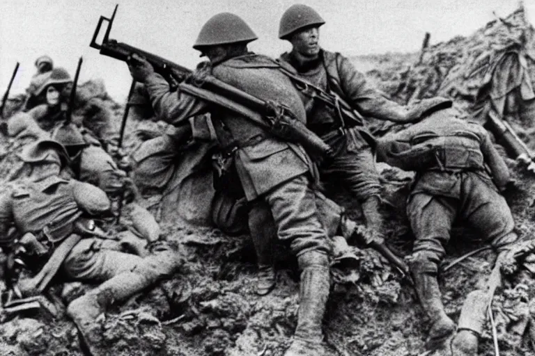 Prompt: Mark Rutte screaming and fighting while holding rifle in trenches World War 1, war photography,