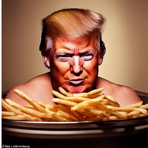 Prompt: Annie leibovitz portrait of Donald Trump, clothed, crying in a bathtub full of French fries