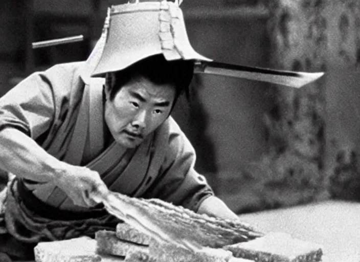 Image similar to a movie still of a samurai slicing through a loaf of bread by Akira Kurosawa