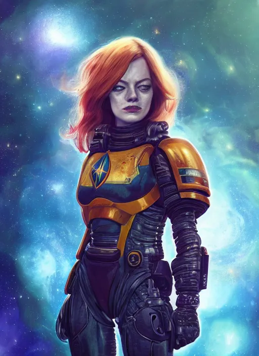 Prompt: cosmic portrait of emma stone as a space marine, apocalypse, naturel, hyper detailed, digital art, trending in artstation, cinematic lighting, studio quality, smooth render, unreal engine 5 rendered, octane rendered, art style by klimt and nixeu and ian sprigger and wlop and krenz cushart.