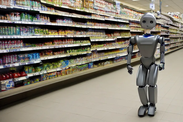 Prompt: photojournalism of sleek humanoid robot walking out of grocery store carrying grocery bags