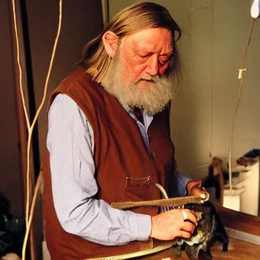 Image similar to robert wyatt carefully giving a monkey a haircut