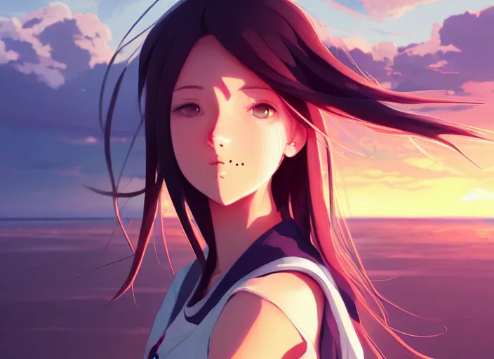 Image similar to portrait of cute girl, sunset sky in background, beach landscape, illustration concept art anime key visual trending pixiv fanbox by wlop and greg rutkowski and makoto shinkai and studio ghibli and kyoto animation, futuristic aerodynamic wheelchair, symmetrical facial features, future clothing, backlit