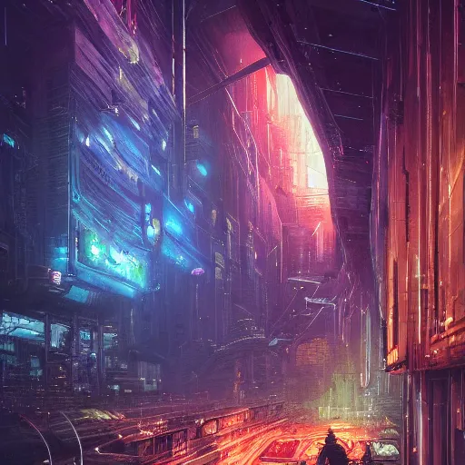 Image similar to an enigmatic and terrifying painting of a cyberpunk universe by marc simonetti, greg rutkowski, ferdinand knab, colour, hyper detail, 8 k, city, universe, nebula, cars, neon, neo - tokyo, burst of colour, imaginary, concept art, out of this world, depth, incredible depth