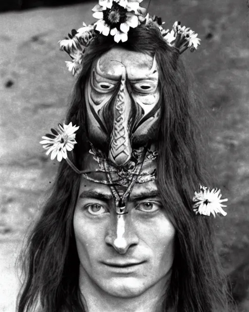 Image similar to sauron with flowers on his hair, hippie, 1 9 6 0 s, world peace, mordor