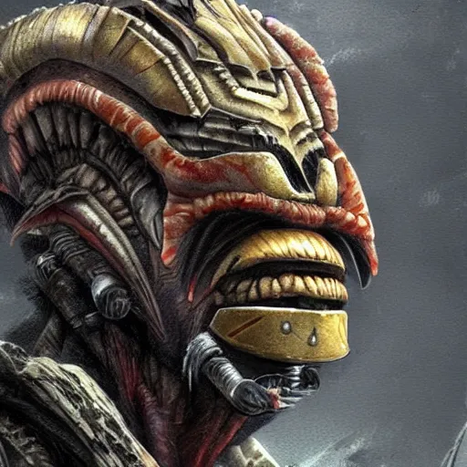 Image similar to a predalorian, yutja, close up concept art mix between a yutja predator from predator movies, prey, alien, and a mandalorian