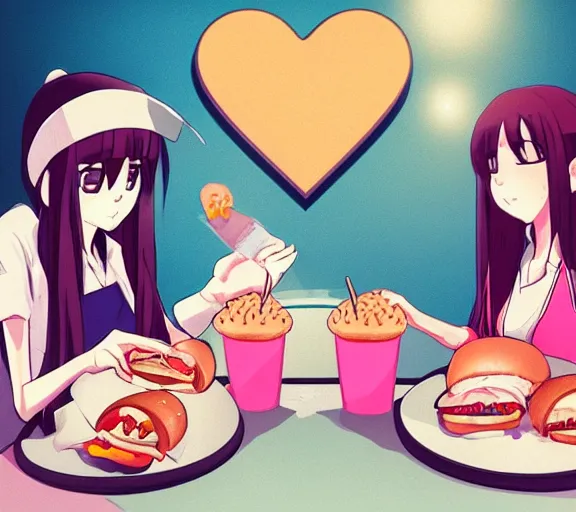 Prompt: A girl and her boyfriend are eating at a fast food restaurant, there are pink hearts around their heads, anime art, hd, smooth, elegant