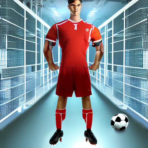 Image similar to a realistic detailed photo of a guy who is an attractive humanoid who is half robot and half humanoid, who is a male android, attractive and handsome soccer players, shiny skin, posing like a statue, blank stare, in a factory, on display, showing off his muscles, wearing soccer shorts, side view, looking at each other mindlessly