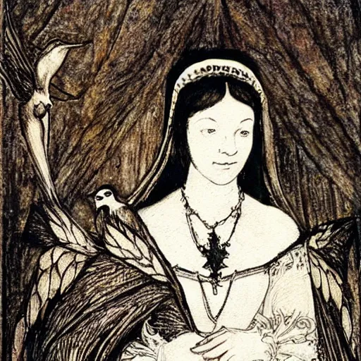 Image similar to anne boleyn with bird wings, she is very sad, full body shot, in the style of arthur rackham