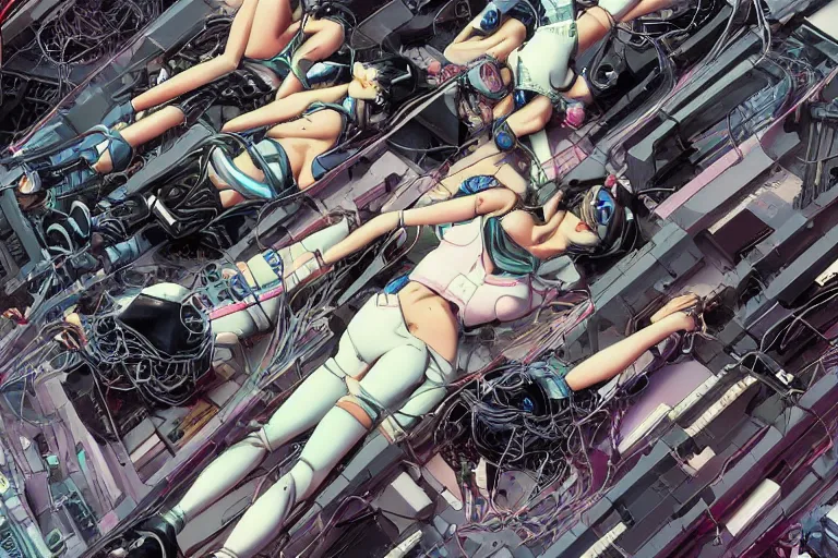 Image similar to a cyberpunk illustration of a group of coherent female androids in style of masamune shirow, lying on an empty, white floor with their bodies broken scattered rotated in different poses and cables and wires coming out, by yukito kishiro and katsuhiro otomo, hyper-detailed, intricate, colorful, view from above